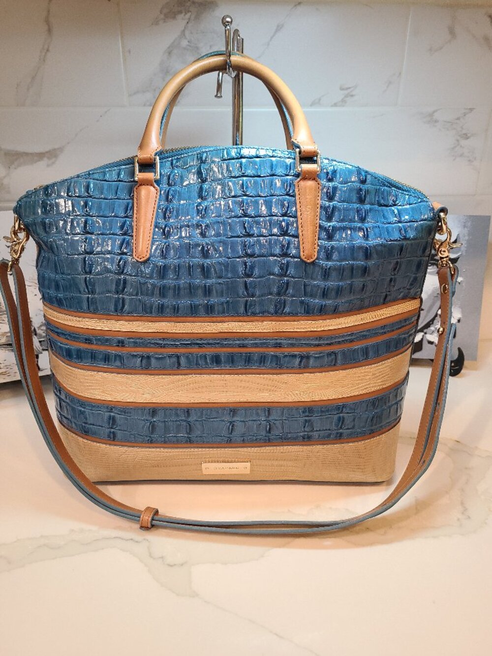 Brahmin Large Duxbury Shoulder Bag in Surf Vineyard Blue & Tan Leather EUC